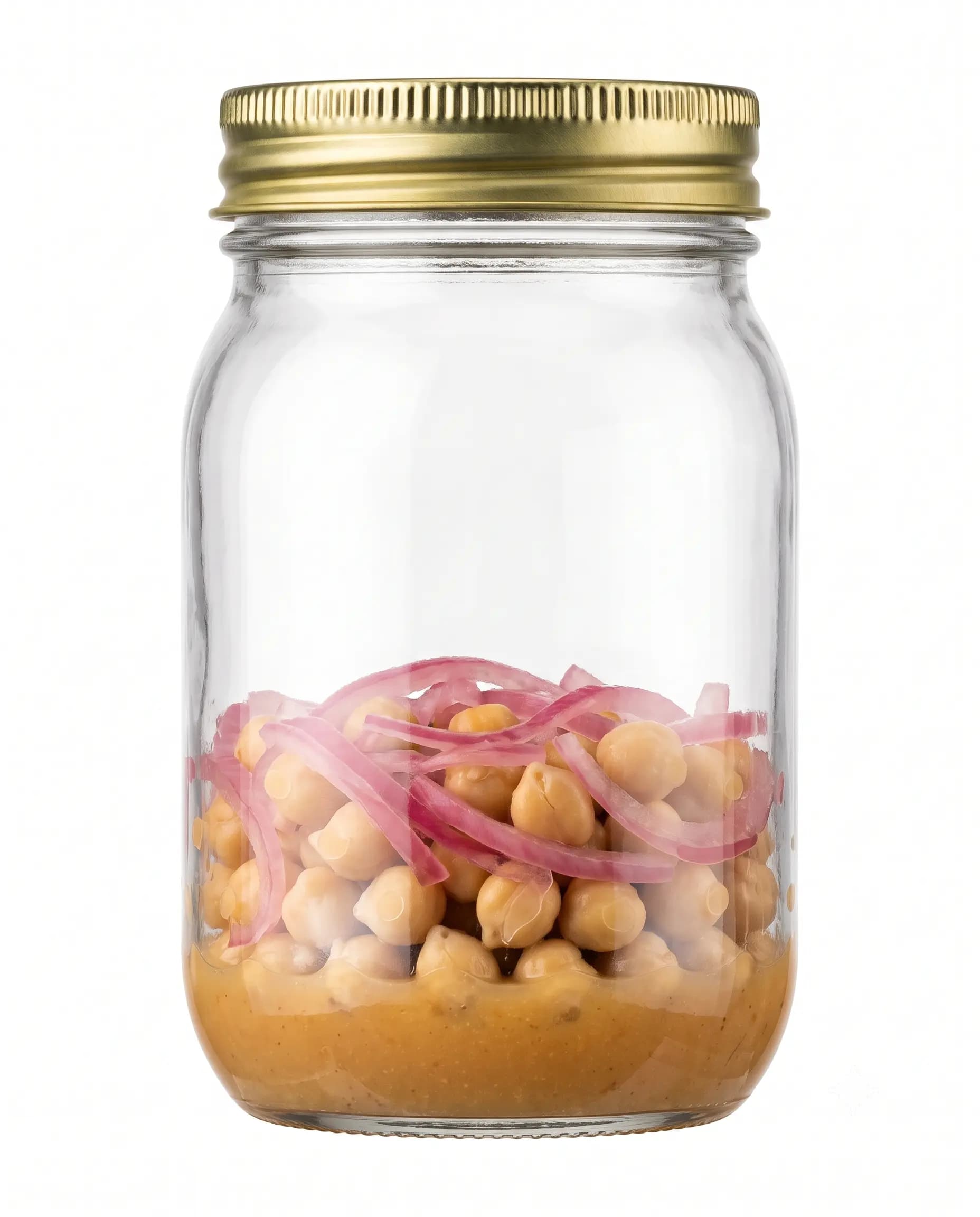 Jar layered with chickpeas and pickled red onion