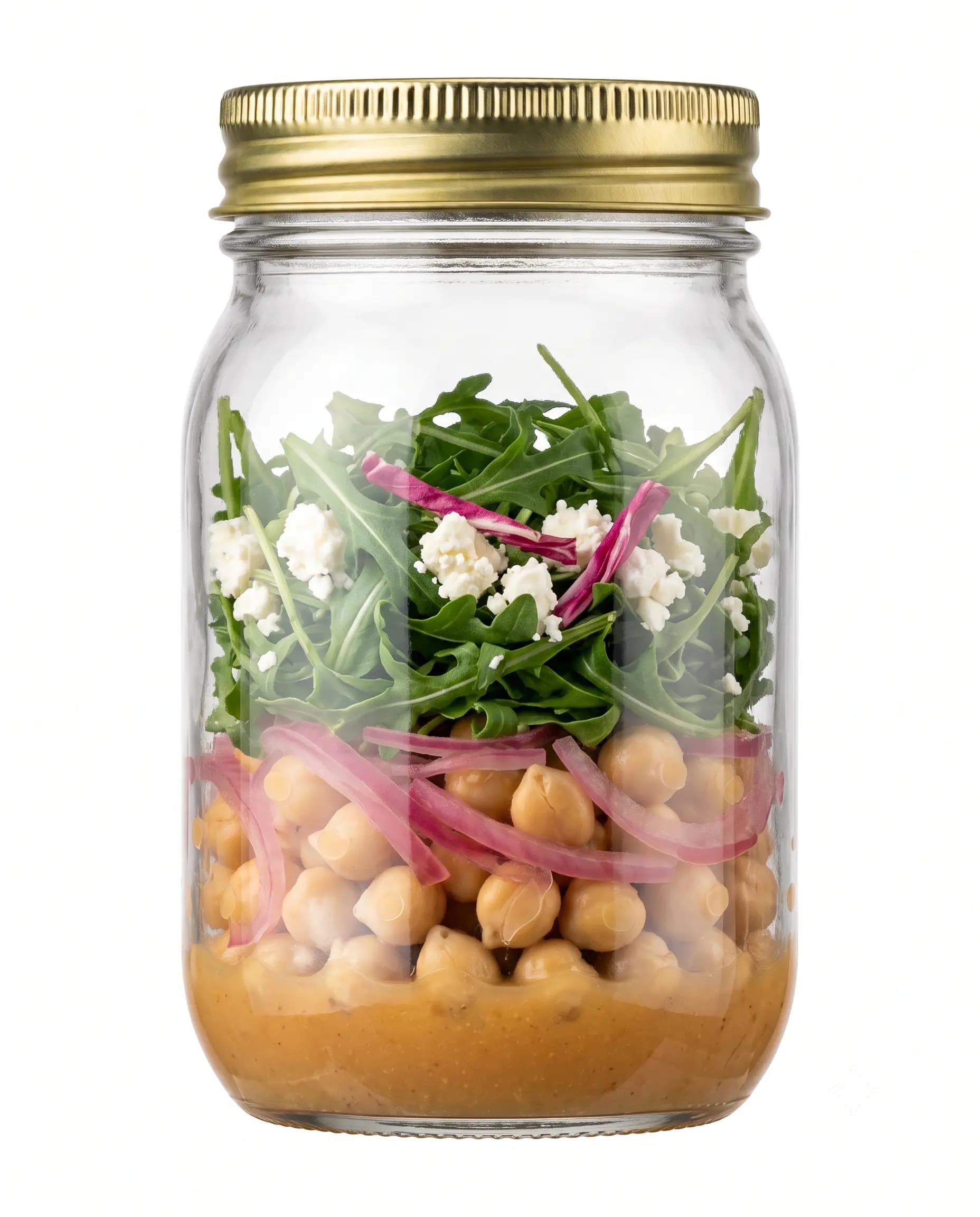 Jar layered with arugula, feta, and radicchio